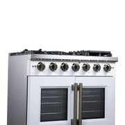 Forno Capriasca 36-Inch Gas Range with French Door Oven, 6 Sealed Burners, 5.36 cu. ft. Capacity, Air Fry Kit, Rotisserie, Wok Ring, Griddle, White with Antique Brass Accents (Model FFSGS6460-36WHT)