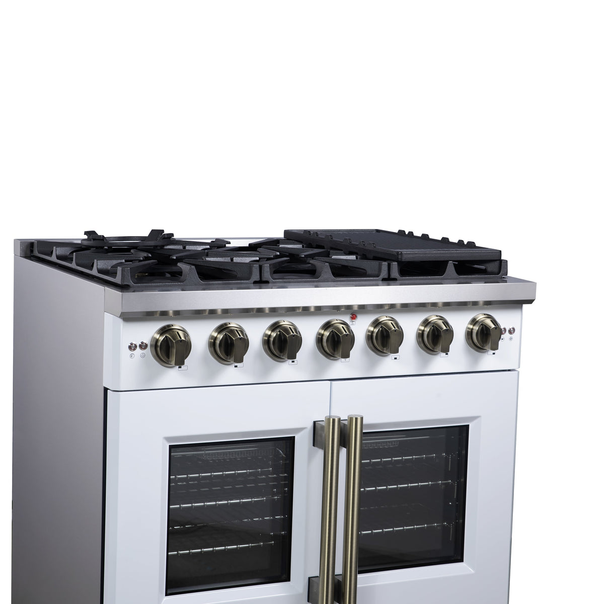 Forno Capriasca 36-Inch Gas Range with French Door Oven, 6 Sealed Burners, 5.36 cu. ft. Capacity, Air Fry Kit, Rotisserie, Wok Ring, Griddle, White with Antique Brass Accents (Model FFSGS6460-36WHT)