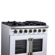 Forno Capriasca 36-Inch Gas Range with French Door Oven, 6 Sealed Burners, 5.36 cu. ft. Capacity, Air Fry Kit, Rotisserie, Wok Ring, Griddle, White with Antique Brass Accents (Model FFSGS6460-36WHT)