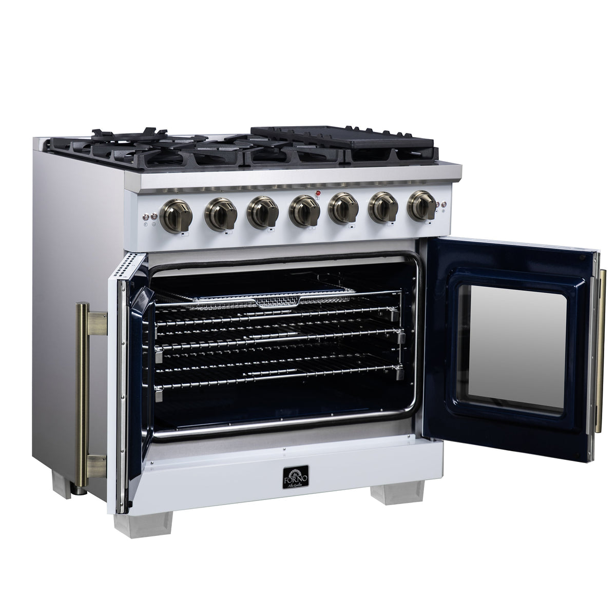 Forno Capriasca 36-Inch Gas Range with French Door Oven, 6 Sealed Burners, 5.36 cu. ft. Capacity, Air Fry Kit, Rotisserie, Wok Ring, Griddle, White with Antique Brass Accents (Model FFSGS6460-36WHT)