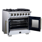 Forno Capriasca 36-Inch Gas Range with French Door Oven, 6 Sealed Burners, 5.36 cu. ft. Capacity, Air Fry Kit, Rotisserie, Wok Ring, Griddle, White with Antique Brass Accents (Model FFSGS6460-36WHT)