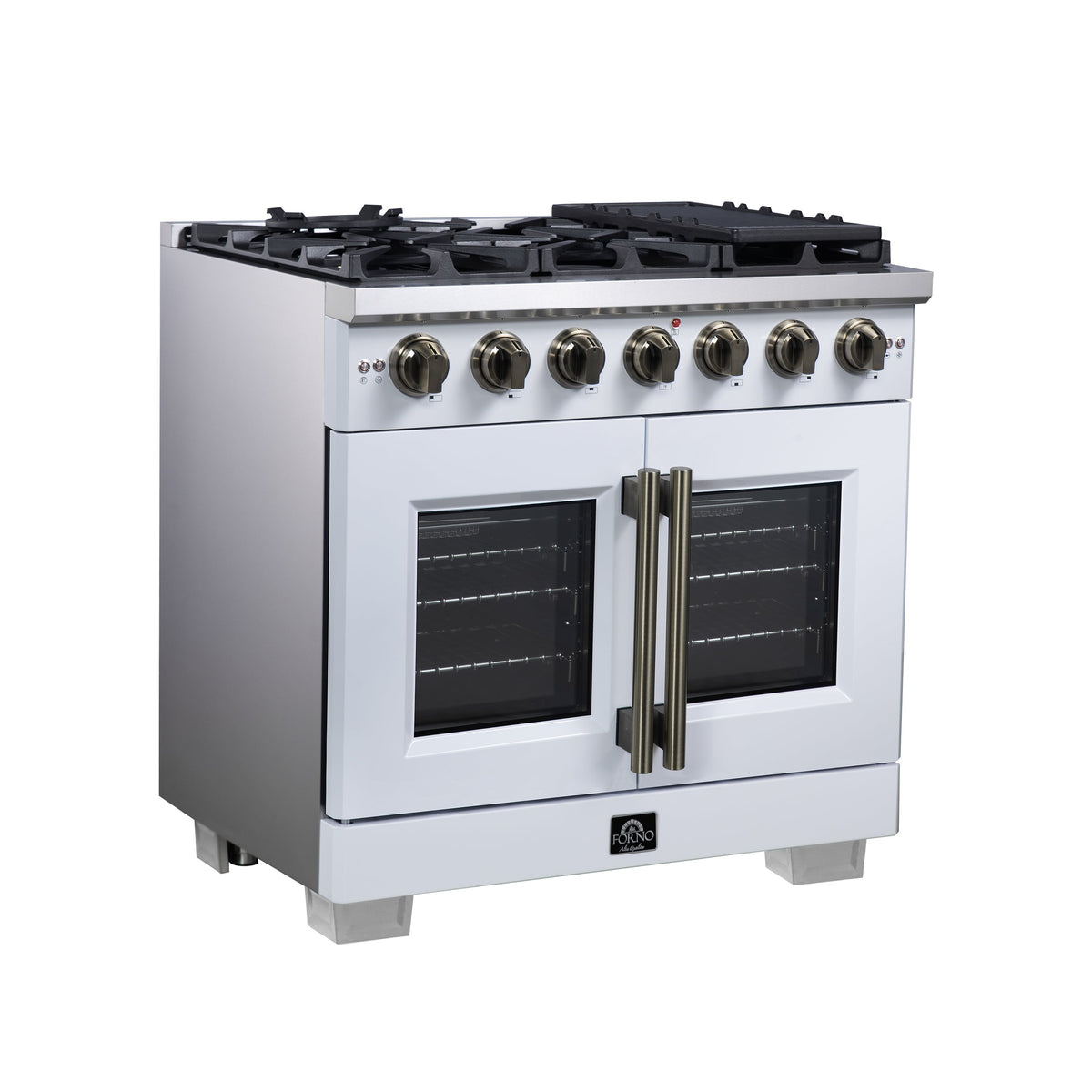 Forno Capriasca 36-Inch Gas Range with French Door Oven, 6 Sealed Burners, 5.36 cu. ft. Capacity, Air Fry Kit, Rotisserie, Wok Ring, Griddle, White with Antique Brass Accents (Model FFSGS6460-36WHT)