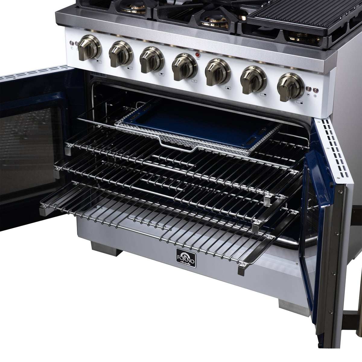 Forno Capriasca 36-Inch Gas Range with French Door Oven, 6 Sealed Burners, 5.36 cu. ft. Capacity, Air Fry Kit, Rotisserie, Wok Ring, Griddle, White with Antique Brass Accents (Model FFSGS6460-36WHT)