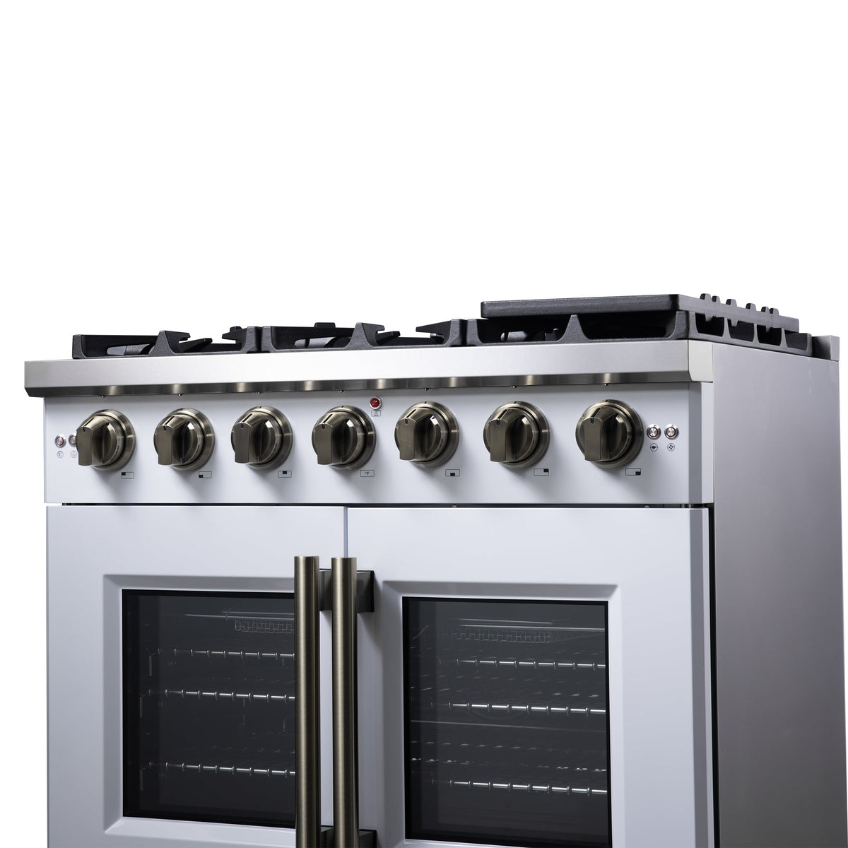 Forno Capriasca 36-Inch Gas Range with French Door Oven, 6 Sealed Burners, 5.36 cu. ft. Capacity, Air Fry Kit, Rotisserie, Wok Ring, Griddle, White with Antique Brass Accents (Model FFSGS6460-36WHT)