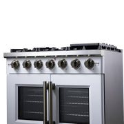 Forno Capriasca 36-Inch Gas Range with French Door Oven, 6 Sealed Burners, 5.36 cu. ft. Capacity, Air Fry Kit, Rotisserie, Wok Ring, Griddle, White with Antique Brass Accents (Model FFSGS6460-36WHT)