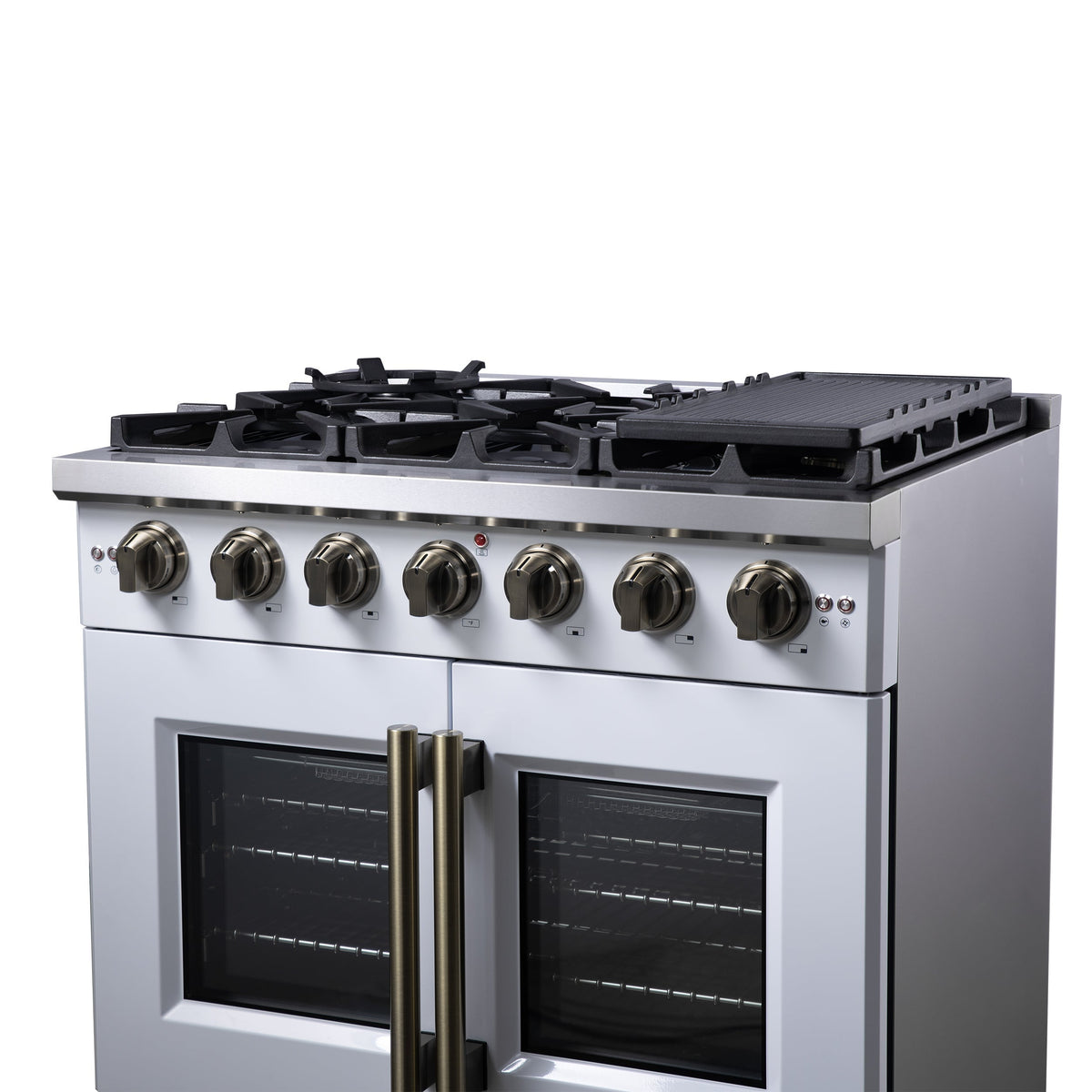 Forno Capriasca 36-Inch Gas Range with French Door Oven, 6 Sealed Burners, 5.36 cu. ft. Capacity, Air Fry Kit, Rotisserie, Wok Ring, Griddle, White with Antique Brass Accents (Model FFSGS6460-36WHT)
