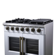 Forno Capriasca 36-Inch Gas Range with French Door Oven, 6 Sealed Burners, 5.36 cu. ft. Capacity, Air Fry Kit, Rotisserie, Wok Ring, Griddle, White with Antique Brass Accents (Model FFSGS6460-36WHT)
