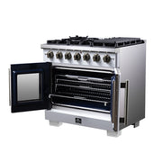 Forno Capriasca 36-Inch Gas Range with French Door Oven, 6 Sealed Burners, 5.36 cu. ft. Capacity, Air Fry Kit, Rotisserie, Wok Ring, Griddle, White with Antique Brass Accents (Model FFSGS6460-36WHT)