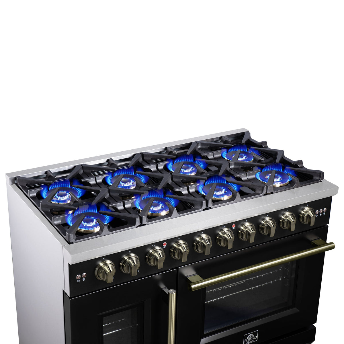 Forno Capriasca 48 Inch French Door Gas Range, 6.58 Cu. Ft., 8 Sealed Burners, Air Fry Kit, Rotisserie Kit, Wok Support, Griddle, Black with Antique Brass Accents (FFSGS6460-48BLK)
