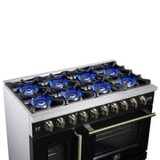 Forno Capriasca 48 Inch French Door Gas Range, 6.58 Cu. Ft., 8 Sealed Burners, Air Fry Kit, Rotisserie Kit, Wok Support, Griddle, Black with Antique Brass Accents (FFSGS6460-48BLK)
