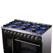 Forno Capriasca 48 Inch French Door Gas Range, 6.58 Cu. Ft., 8 Sealed Burners, Air Fry Kit, Rotisserie Kit, Wok Support, Griddle, Black with Antique Brass Accents (FFSGS6460-48BLK)