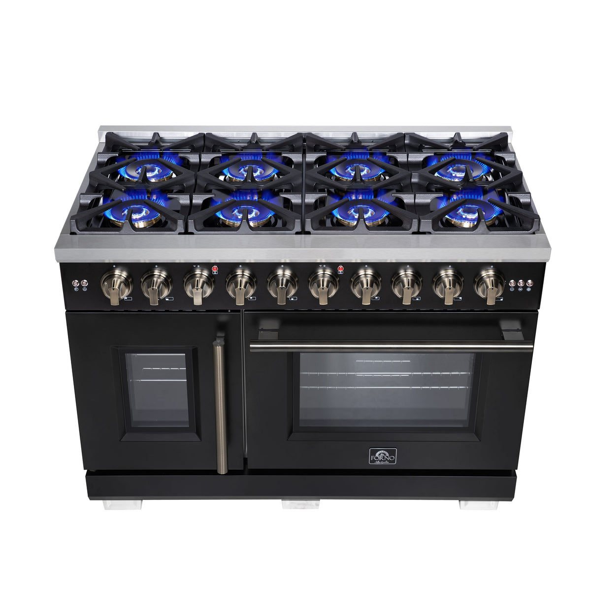 Forno Capriasca 48 Inch French Door Gas Range, 6.58 Cu. Ft., 8 Sealed Burners, Air Fry Kit, Rotisserie Kit, Wok Support, Griddle, Black with Antique Brass Accents (FFSGS6460-48BLK)