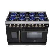 Forno Capriasca 48 Inch French Door Gas Range, 6.58 Cu. Ft., 8 Sealed Burners, Air Fry Kit, Rotisserie Kit, Wok Support, Griddle, Black with Antique Brass Accents (FFSGS6460-48BLK)