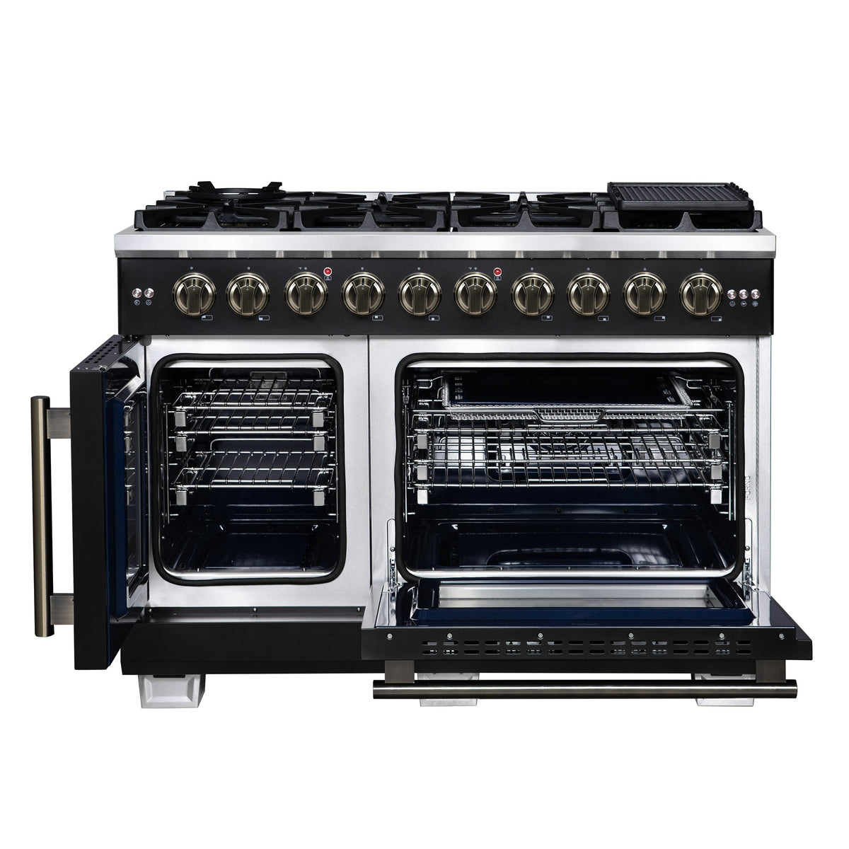 Forno Capriasca 48 Inch French Door Gas Range, 6.58 Cu. Ft., 8 Sealed Burners, Air Fry Kit, Rotisserie Kit, Wok Support, Griddle, Black with Antique Brass Accents (FFSGS6460-48BLK)
