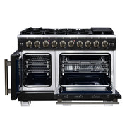 Forno Capriasca 48 Inch French Door Gas Range, 6.58 Cu. Ft., 8 Sealed Burners, Air Fry Kit, Rotisserie Kit, Wok Support, Griddle, Black with Antique Brass Accents (FFSGS6460-48BLK)
