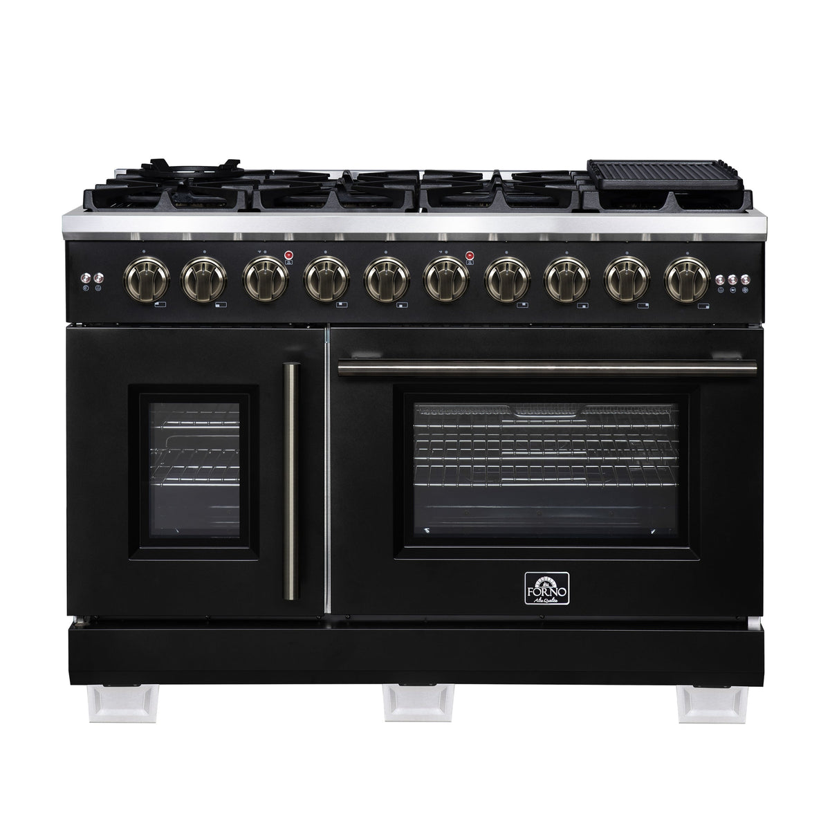 Forno Capriasca 48 Inch French Door Gas Range, 6.58 Cu. Ft., 8 Sealed Burners, Air Fry Kit, Rotisserie Kit, Wok Support, Griddle, Black with Antique Brass Accents (FFSGS6460-48BLK)