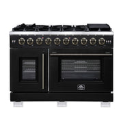 Forno Capriasca 48 Inch French Door Gas Range, 6.58 Cu. Ft., 8 Sealed Burners, Air Fry Kit, Rotisserie Kit, Wok Support, Griddle, Black with Antique Brass Accents (FFSGS6460-48BLK)