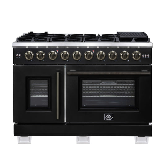 Forno Capriasca 48 Inch French Door Gas Range, 6.58 Cu. Ft., 8 Sealed Burners, Air Fry Kit, Rotisserie Kit, Wok Support, Griddle, Black with Antique Brass Accents (FFSGS6460-48BLK)