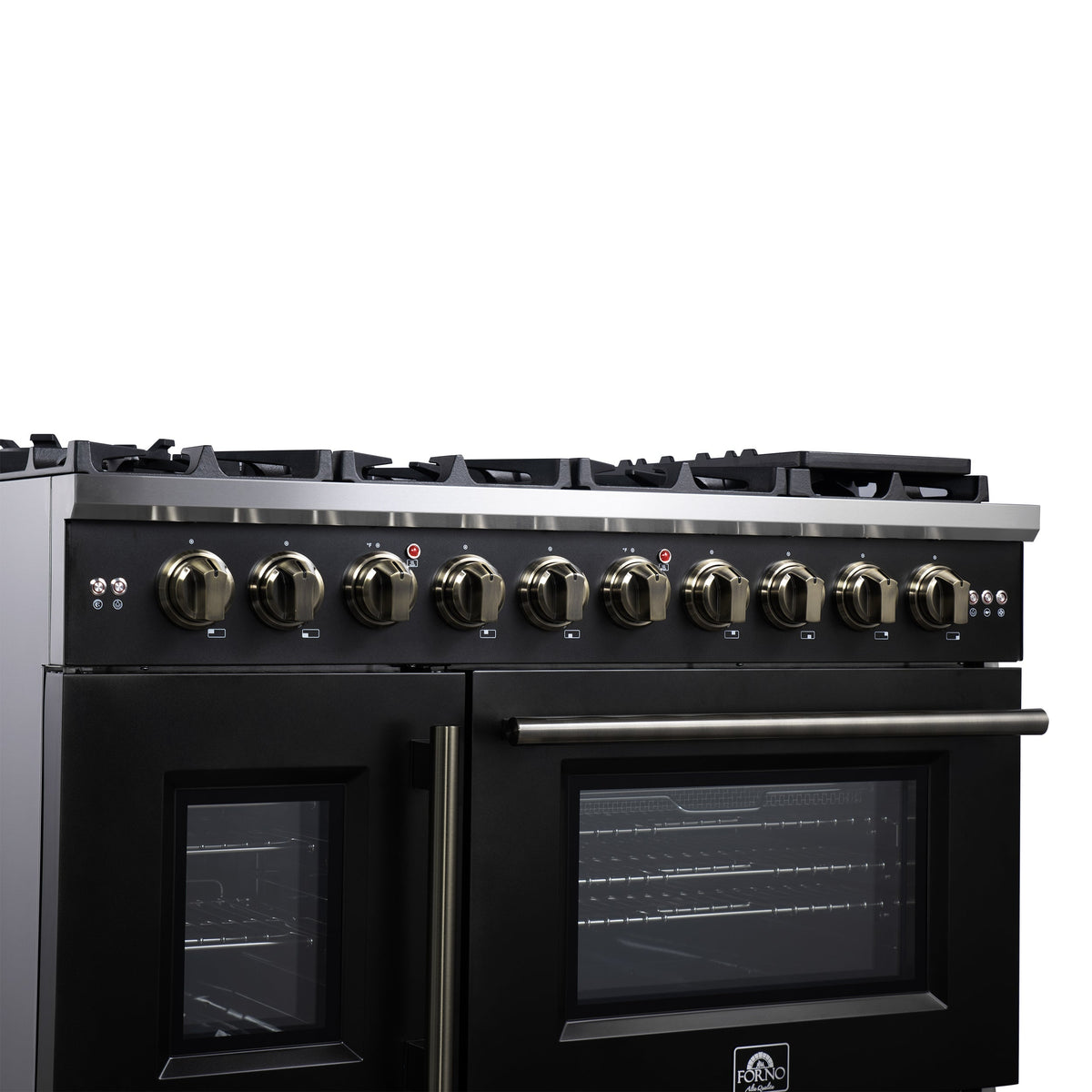Forno Capriasca 48 Inch French Door Gas Range, 6.58 Cu. Ft., 8 Sealed Burners, Air Fry Kit, Rotisserie Kit, Wok Support, Griddle, Black with Antique Brass Accents (FFSGS6460-48BLK)