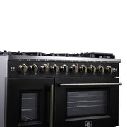 Forno Capriasca 48 Inch French Door Gas Range, 6.58 Cu. Ft., 8 Sealed Burners, Air Fry Kit, Rotisserie Kit, Wok Support, Griddle, Black with Antique Brass Accents (FFSGS6460-48BLK)