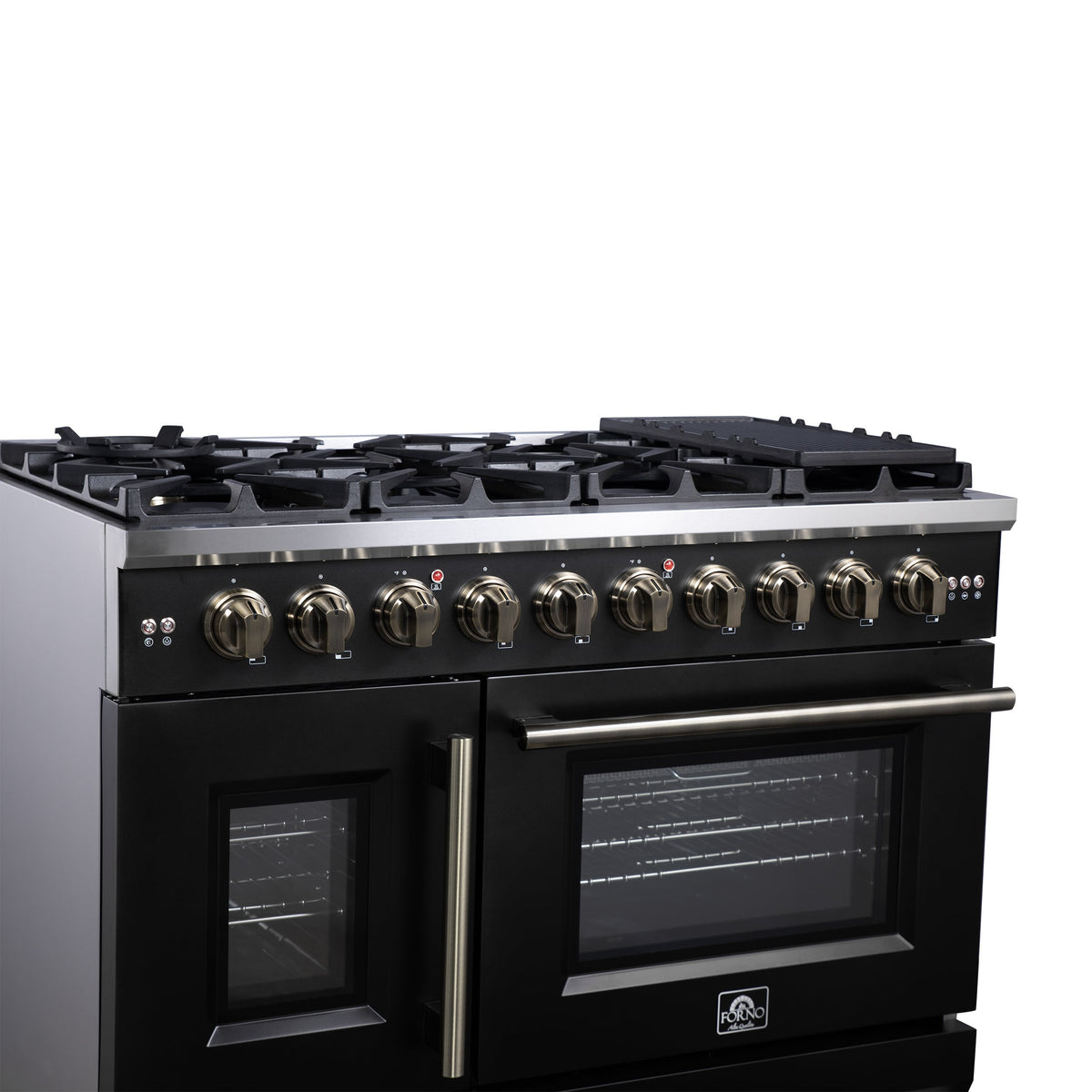 Forno Capriasca 48 Inch French Door Gas Range, 6.58 Cu. Ft., 8 Sealed Burners, Air Fry Kit, Rotisserie Kit, Wok Support, Griddle, Black with Antique Brass Accents (FFSGS6460-48BLK)