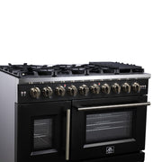 Forno Capriasca 48 Inch French Door Gas Range, 6.58 Cu. Ft., 8 Sealed Burners, Air Fry Kit, Rotisserie Kit, Wok Support, Griddle, Black with Antique Brass Accents (FFSGS6460-48BLK)