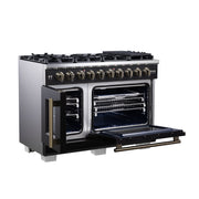 Forno Capriasca 48 Inch French Door Gas Range, 6.58 Cu. Ft., 8 Sealed Burners, Air Fry Kit, Rotisserie Kit, Wok Support, Griddle, Black with Antique Brass Accents (FFSGS6460-48BLK)