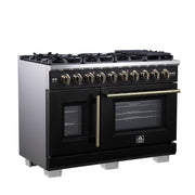 Forno Capriasca 48 Inch French Door Gas Range, 6.58 Cu. Ft., 8 Sealed Burners, Air Fry Kit, Rotisserie Kit, Wok Support, Griddle, Black with Antique Brass Accents (FFSGS6460-48BLK)