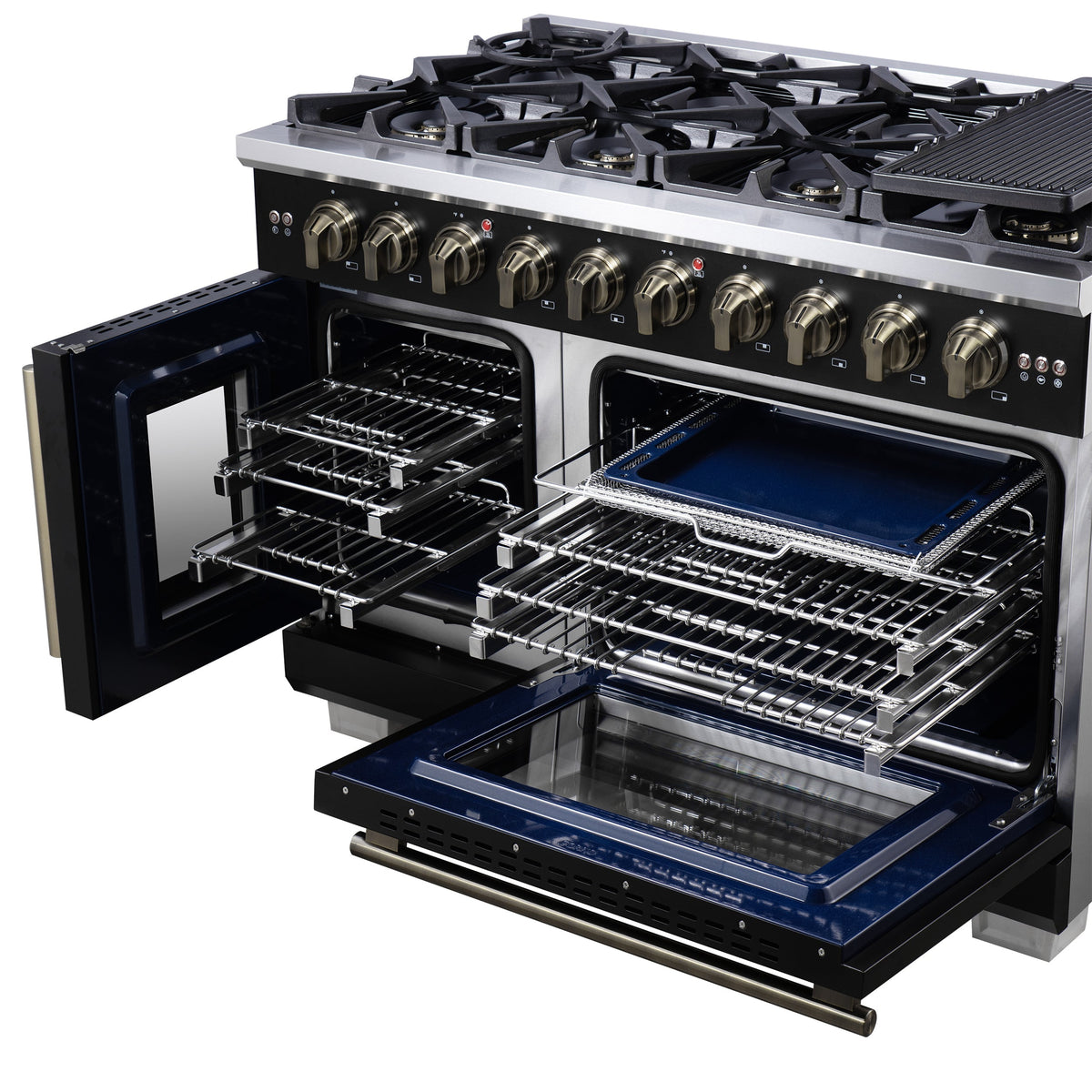 Forno Capriasca 48 Inch French Door Gas Range, 6.58 Cu. Ft., 8 Sealed Burners, Air Fry Kit, Rotisserie Kit, Wok Support, Griddle, Black with Antique Brass Accents (FFSGS6460-48BLK)