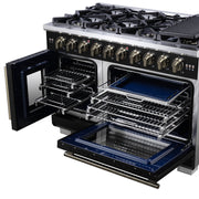 Forno Capriasca 48 Inch French Door Gas Range, 6.58 Cu. Ft., 8 Sealed Burners, Air Fry Kit, Rotisserie Kit, Wok Support, Griddle, Black with Antique Brass Accents (FFSGS6460-48BLK)
