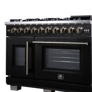 Forno Capriasca 48 Inch French Door Gas Range, 6.58 Cu. Ft., 8 Sealed Burners, Air Fry Kit, Rotisserie Kit, Wok Support, Griddle, Black with Antique Brass Accents (FFSGS6460-48BLK)