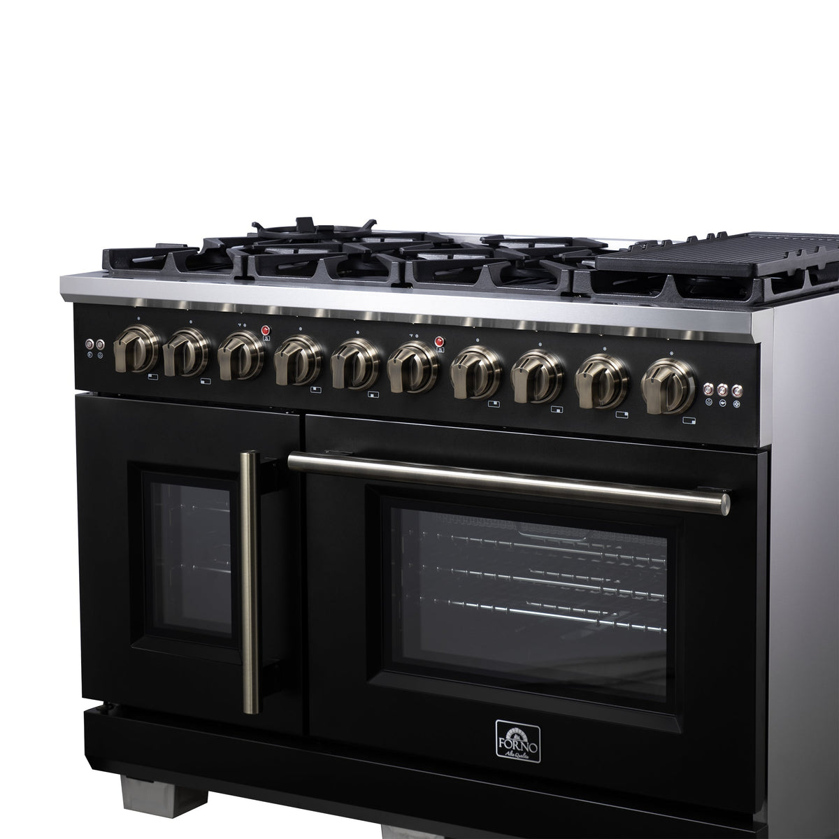 Forno Capriasca 48 Inch French Door Gas Range, 6.58 Cu. Ft., 8 Sealed Burners, Air Fry Kit, Rotisserie Kit, Wok Support, Griddle, Black with Antique Brass Accents (FFSGS6460-48BLK)