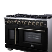 Forno Capriasca 48 Inch French Door Gas Range, 6.58 Cu. Ft., 8 Sealed Burners, Air Fry Kit, Rotisserie Kit, Wok Support, Griddle, Black with Antique Brass Accents (FFSGS6460-48BLK)