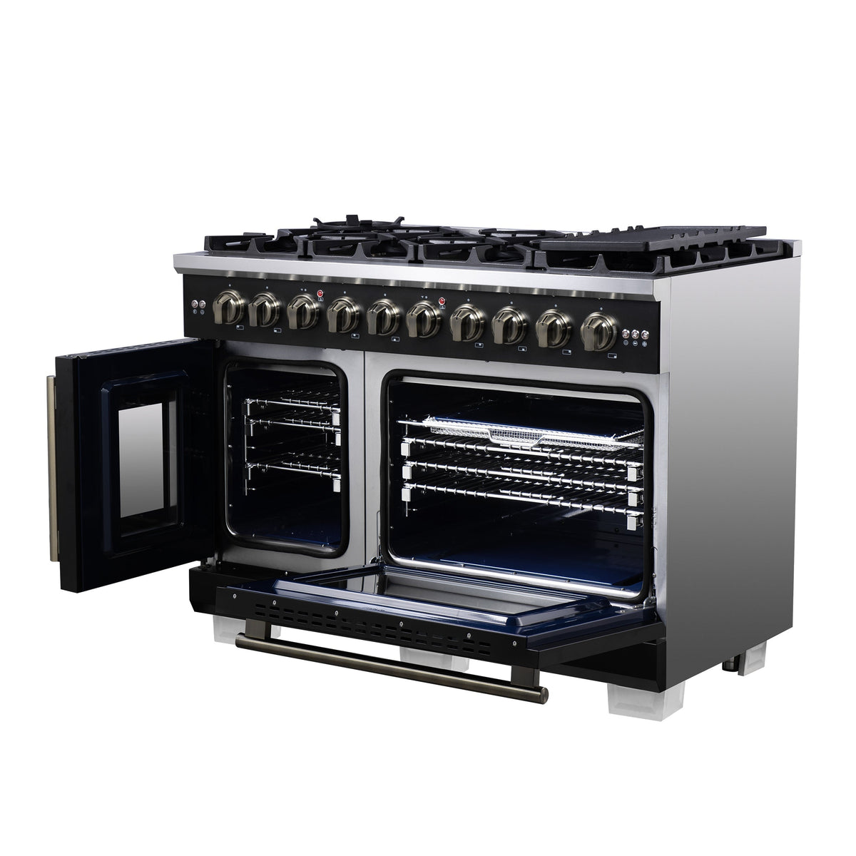Forno Capriasca 48 Inch French Door Gas Range, 6.58 Cu. Ft., 8 Sealed Burners, Air Fry Kit, Rotisserie Kit, Wok Support, Griddle, Black with Antique Brass Accents (FFSGS6460-48BLK)