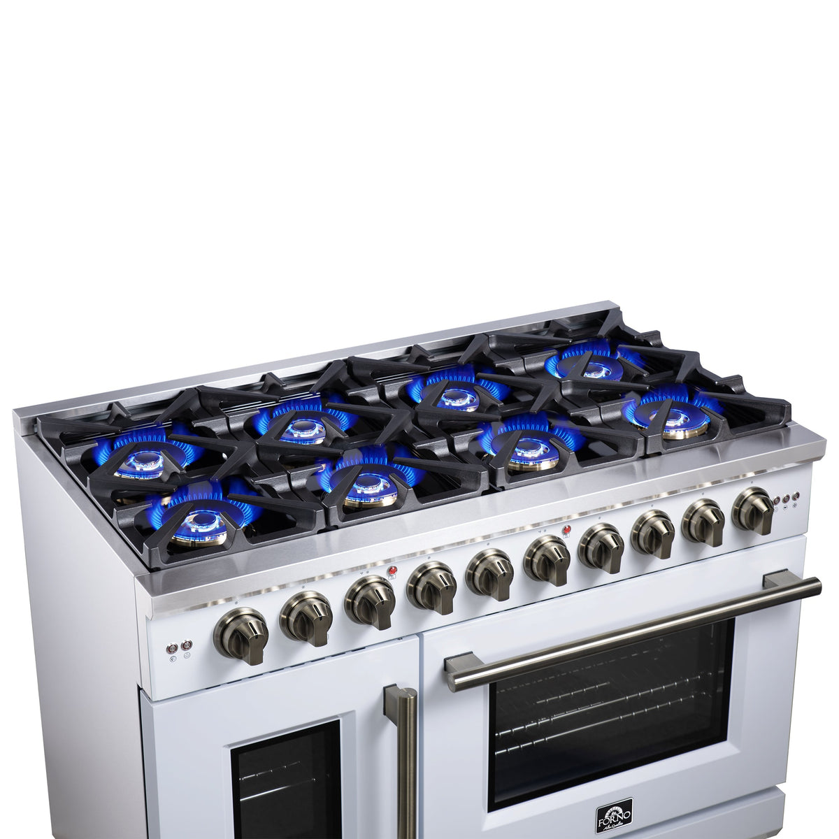 Forno Capriasca 48-Inch French Door Gas Range, 6.58 cu. ft., 8 Sealed Brass Burners, Air Fry Kit, Rotisserie Kit, Wok Support & Griddle, White with Antique Brass Accents (FFSGS6460-48WHT)