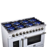 Forno Capriasca 48-Inch French Door Gas Range, 6.58 cu. ft., 8 Sealed Brass Burners, Air Fry Kit, Rotisserie Kit, Wok Support & Griddle, White with Antique Brass Accents (FFSGS6460-48WHT)