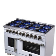 Forno Capriasca 48-Inch French Door Gas Range, 6.58 cu. ft., 8 Sealed Brass Burners, Air Fry Kit, Rotisserie Kit, Wok Support & Griddle, White with Antique Brass Accents (FFSGS6460-48WHT)