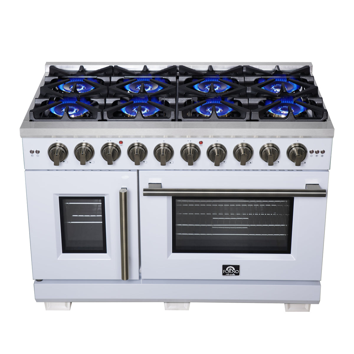 Forno Capriasca 48-Inch French Door Gas Range, 6.58 cu. ft., 8 Sealed Brass Burners, Air Fry Kit, Rotisserie Kit, Wok Support & Griddle, White with Antique Brass Accents (FFSGS6460-48WHT)
