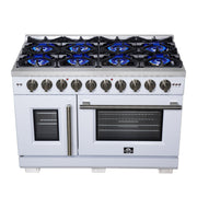 Forno Capriasca 48-Inch French Door Gas Range, 6.58 cu. ft., 8 Sealed Brass Burners, Air Fry Kit, Rotisserie Kit, Wok Support & Griddle, White with Antique Brass Accents (FFSGS6460-48WHT)