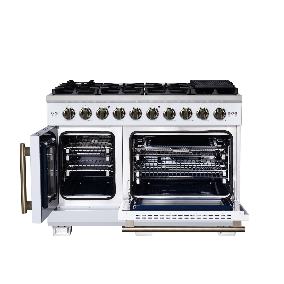 Forno Capriasca 48-Inch French Door Gas Range, 6.58 cu. ft., 8 Sealed Brass Burners, Air Fry Kit, Rotisserie Kit, Wok Support & Griddle, White with Antique Brass Accents (FFSGS6460-48WHT)