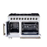 Forno Capriasca 48-Inch French Door Gas Range, 6.58 cu. ft., 8 Sealed Brass Burners, Air Fry Kit, Rotisserie Kit, Wok Support & Griddle, White with Antique Brass Accents (FFSGS6460-48WHT)