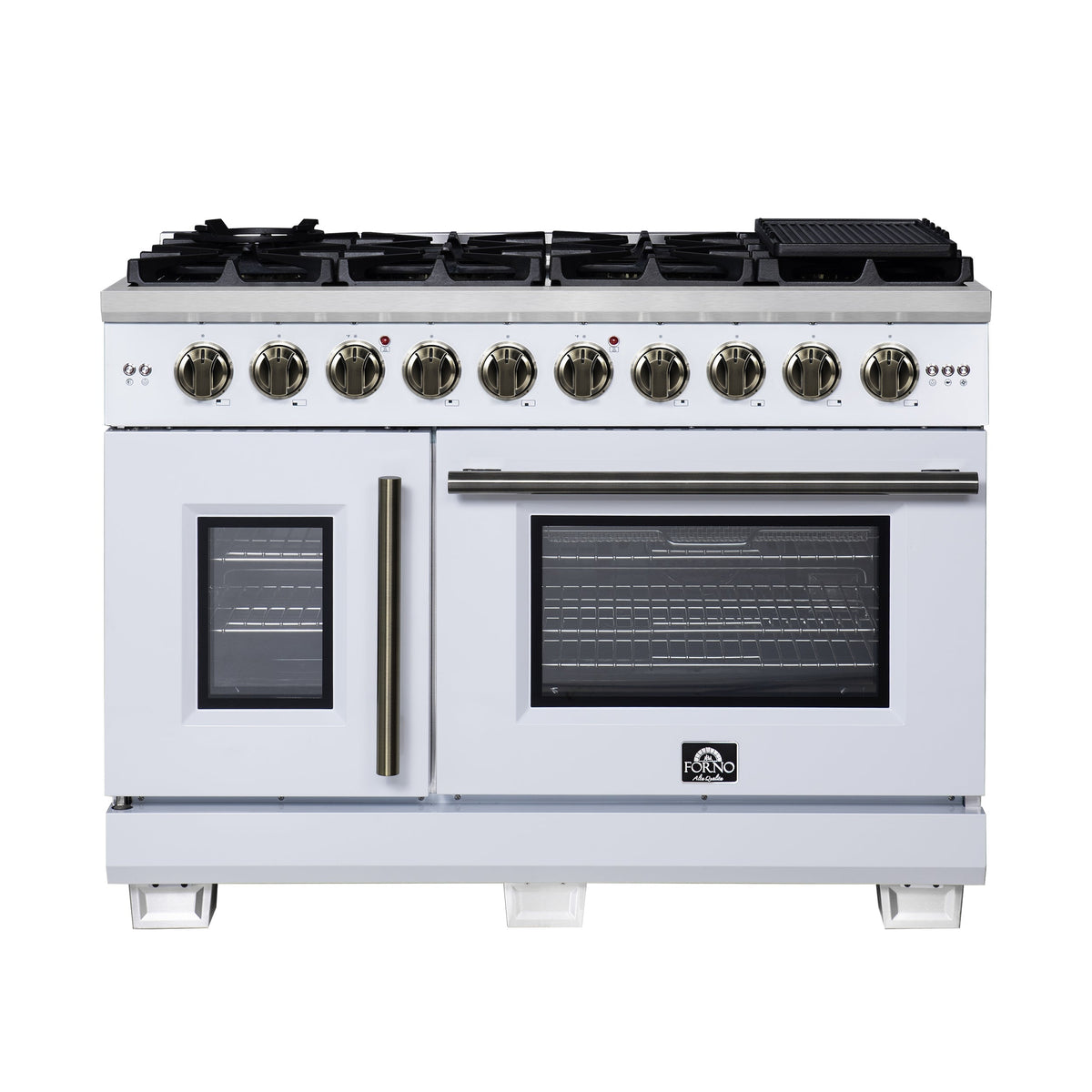 Forno Capriasca 48-Inch French Door Gas Range, 6.58 cu. ft., 8 Sealed Brass Burners, Air Fry Kit, Rotisserie Kit, Wok Support & Griddle, White with Antique Brass Accents (FFSGS6460-48WHT)