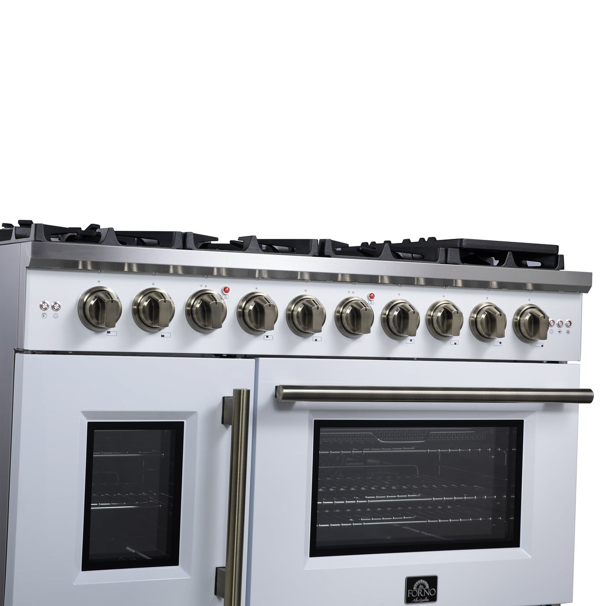 Forno Capriasca 48-Inch French Door Gas Range, 6.58 cu. ft., 8 Sealed Brass Burners, Air Fry Kit, Rotisserie Kit, Wok Support & Griddle, White with Antique Brass Accents (FFSGS6460-48WHT)