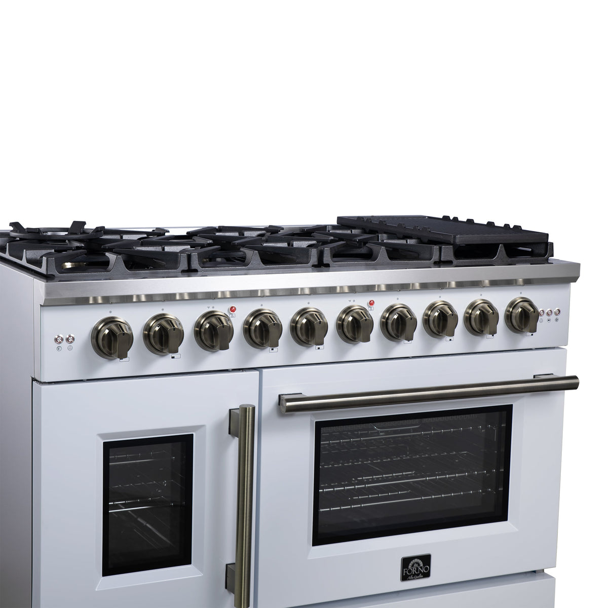 Forno Capriasca 48-Inch French Door Gas Range, 6.58 cu. ft., 8 Sealed Brass Burners, Air Fry Kit, Rotisserie Kit, Wok Support & Griddle, White with Antique Brass Accents (FFSGS6460-48WHT)