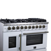 Forno Capriasca 48-Inch French Door Gas Range, 6.58 cu. ft., 8 Sealed Brass Burners, Air Fry Kit, Rotisserie Kit, Wok Support & Griddle, White with Antique Brass Accents (FFSGS6460-48WHT)