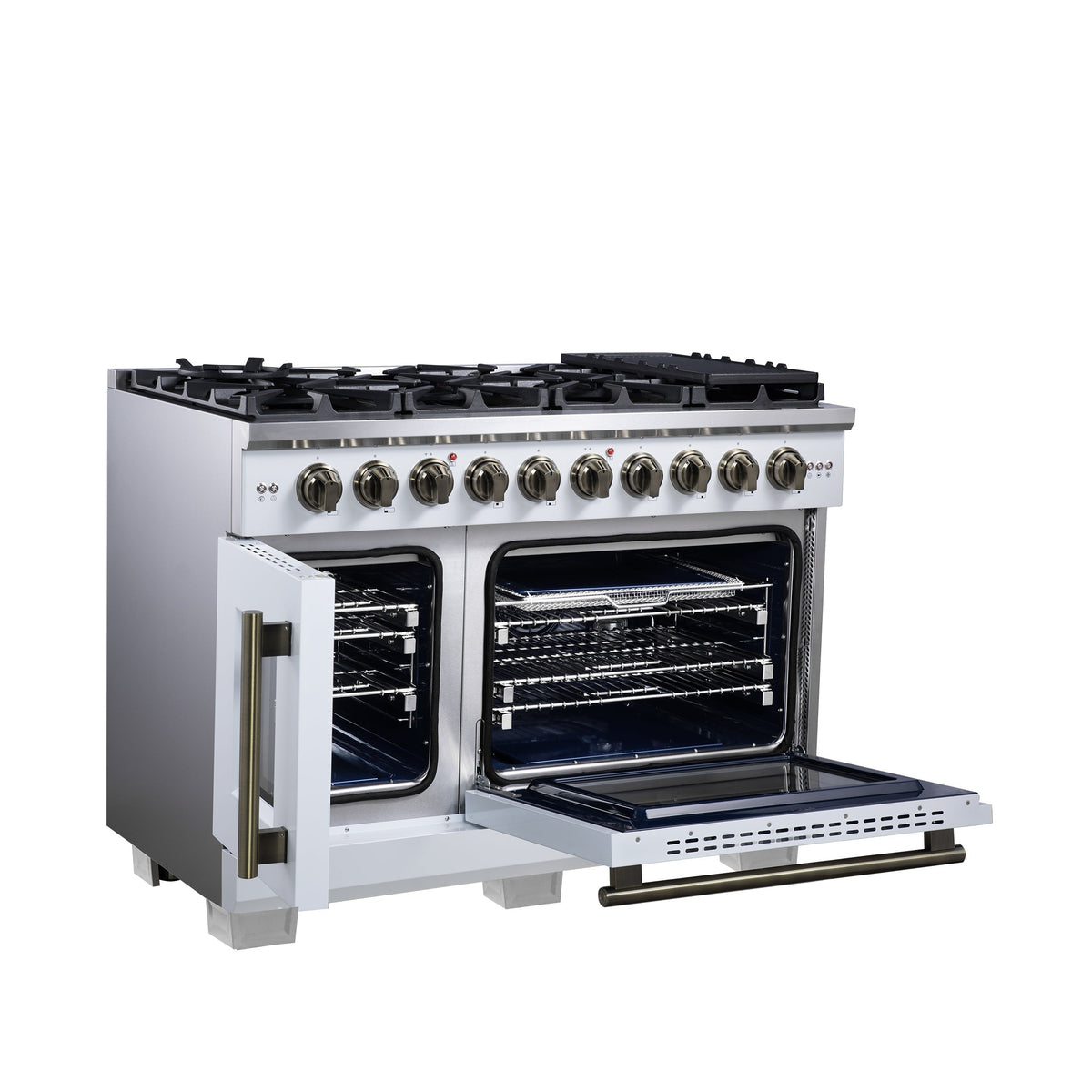 Forno Capriasca 48-Inch French Door Gas Range, 6.58 cu. ft., 8 Sealed Brass Burners, Air Fry Kit, Rotisserie Kit, Wok Support & Griddle, White with Antique Brass Accents (FFSGS6460-48WHT)