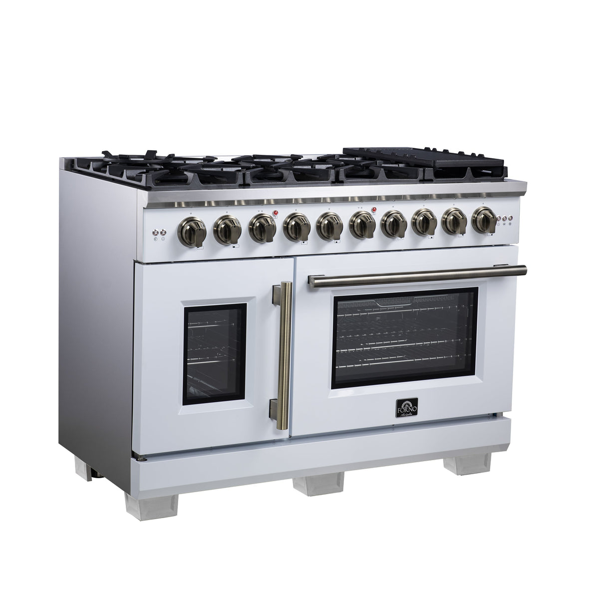 Forno Capriasca 48-Inch French Door Gas Range, 6.58 cu. ft., 8 Sealed Brass Burners, Air Fry Kit, Rotisserie Kit, Wok Support & Griddle, White with Antique Brass Accents (FFSGS6460-48WHT)