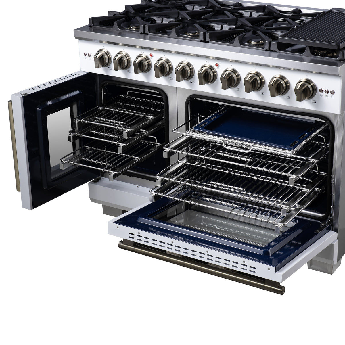 Forno Capriasca 48-Inch French Door Gas Range, 6.58 cu. ft., 8 Sealed Brass Burners, Air Fry Kit, Rotisserie Kit, Wok Support & Griddle, White with Antique Brass Accents (FFSGS6460-48WHT)
