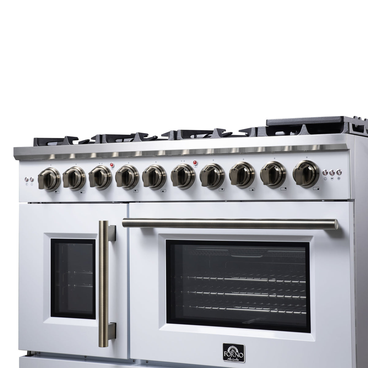 Forno Capriasca 48-Inch French Door Gas Range, 6.58 cu. ft., 8 Sealed Brass Burners, Air Fry Kit, Rotisserie Kit, Wok Support & Griddle, White with Antique Brass Accents (FFSGS6460-48WHT)