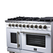 Forno Capriasca 48-Inch French Door Gas Range, 6.58 cu. ft., 8 Sealed Brass Burners, Air Fry Kit, Rotisserie Kit, Wok Support & Griddle, White with Antique Brass Accents (FFSGS6460-48WHT)